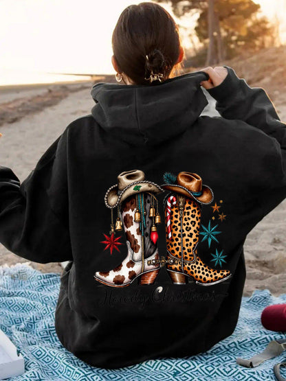 Women's Graphic Hoodie Colorful Stars And Wild Western Cowboy Boots Design