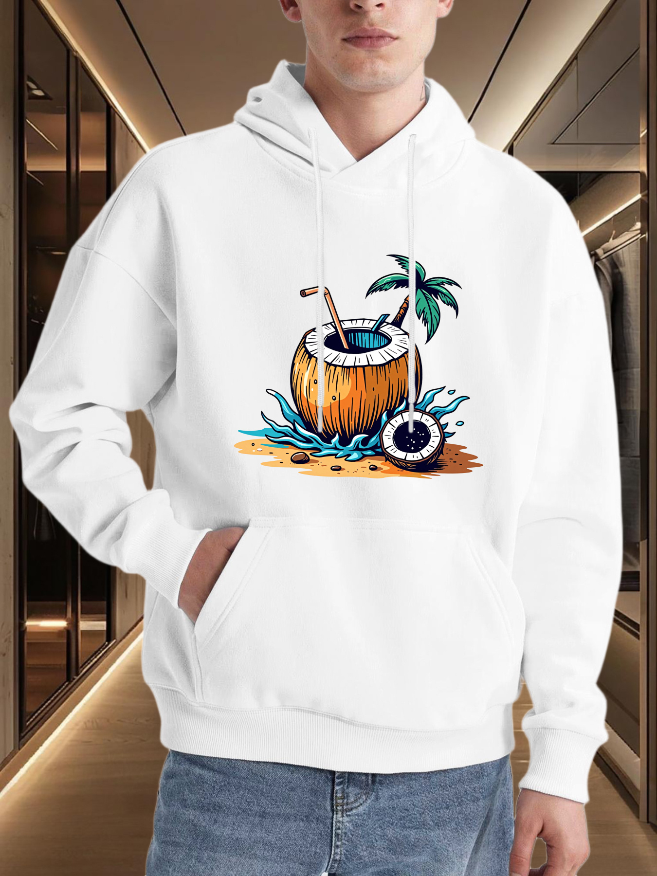 Men's Graphic Hoodie Tropical Coconut With Beach Splash Under A Palm Tree Coconut