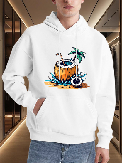 Men's Graphic Hoodie Tropical Coconut With Beach Splash Under A Palm Tree Coconut