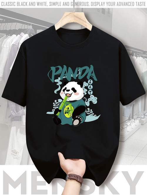 Men's Graphic T-Shirt Panda Wearing Green Hoodie With Smoke Among Bubbles Cartoon Panda