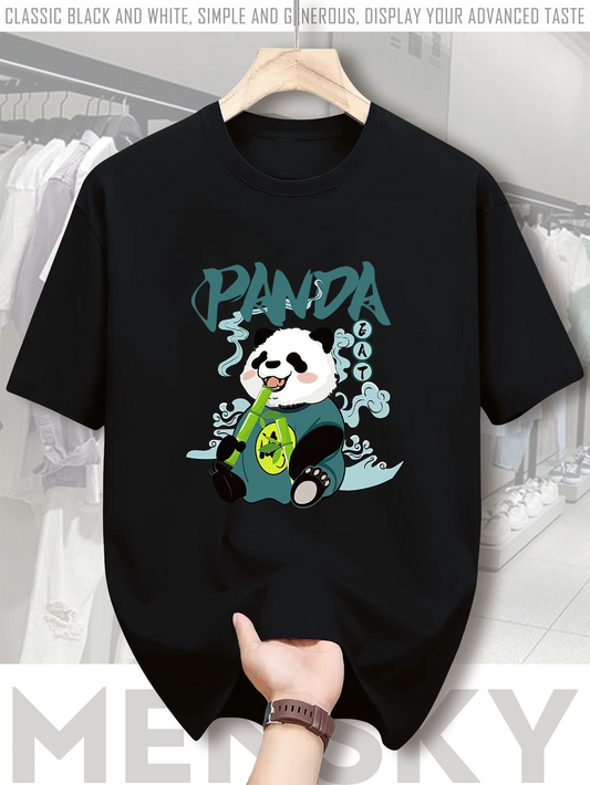 Men's Graphic T-Shirt Panda Wearing Green Hoodie With Smoke Among Bubbles Cartoon Panda