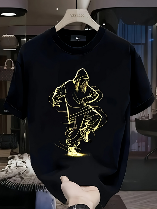 Men's Graphic T-Shirt Glowing Neon Lines Highlighting Energetic Urban Dance Hoodie Figure