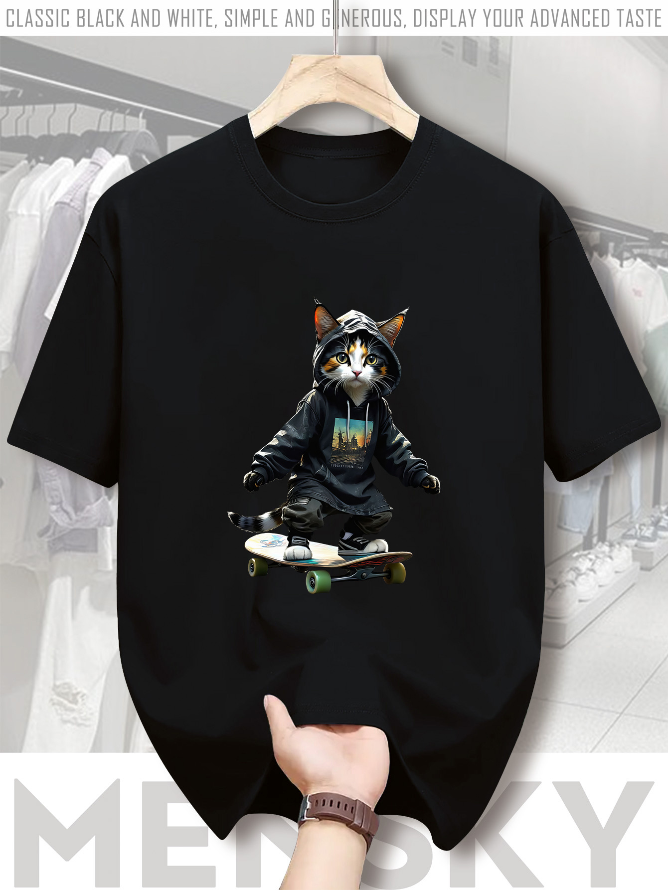 Men's Graphic T-Shirt Hip Urban Cat Wearing Hoodie With Skater Style On City Street Cat
