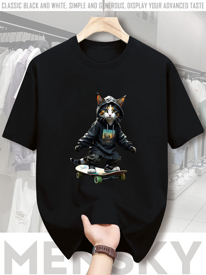 Men's Graphic T-Shirt Hip Urban Cat Wearing Hoodie With Skater Style On City Street Cat