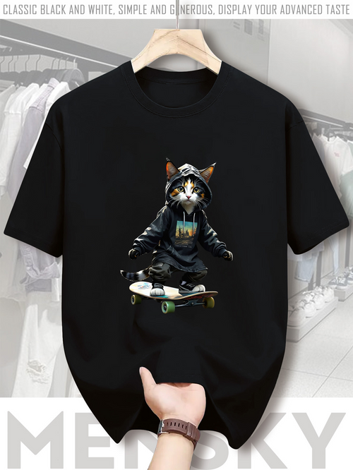 Men's Graphic T-Shirt Hip Urban Cat Wearing Hoodie With Skater Style On City Street Cat