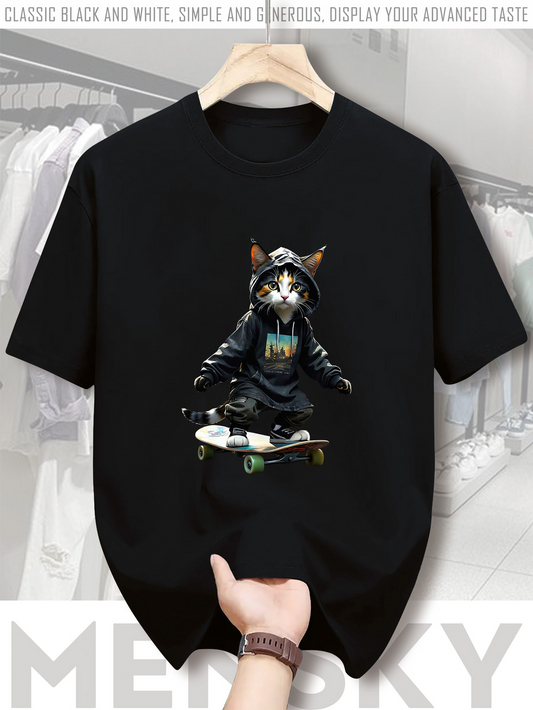 Men's Graphic T-Shirt Hip Urban Cat Wearing Hoodie With Skater Style On City Street Cat