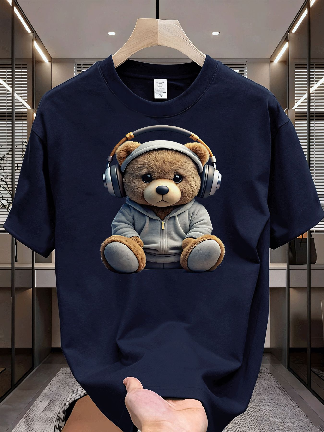 Men's Graphic T-Shirt Adorable Fluffy Brown Teddy Bear With Headphones And Hoodie Sitting Quietly Bear