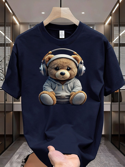 Men's Graphic T-Shirt Adorable Fluffy Brown Teddy Bear With Headphones And Hoodie Sitting Quietly Bear
