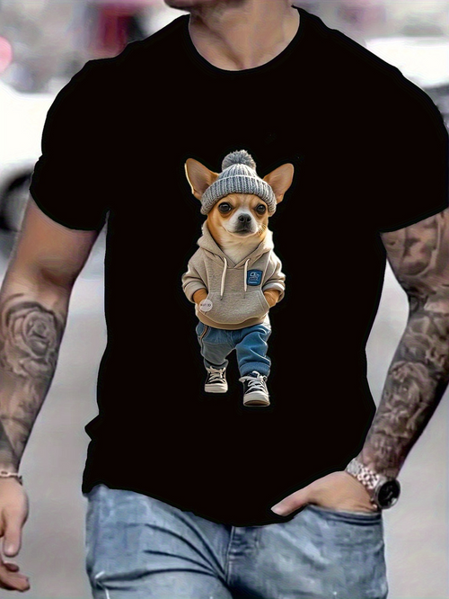 Men's Graphic T-Shirt Stylish Brown Dog Wearing Denim Pants And Cozy Hoodie