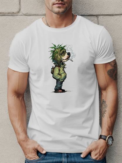 Men's Graphic T-Shirt Urban Cartoon Style With Smoking Canine In Green Hoodie Dog