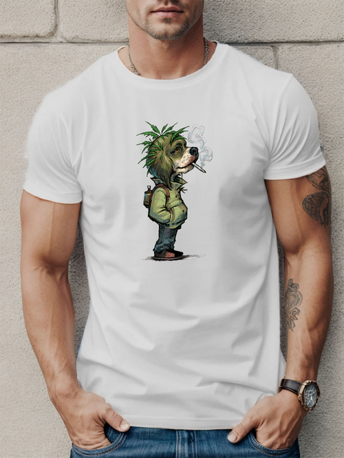 Men's Graphic T-Shirt Urban Cartoon Style With Smoking Canine In Green Hoodie Dog
