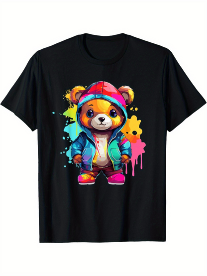 Men's Graphic T-Shirt Colorful Graffiti Style Bear In Hoodie With Splashes