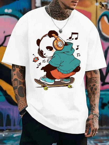 Men's Graphic T-Shirt Skateboarding Panda With Hoodie And Headphones Surrounded By Musical Notes Artwork