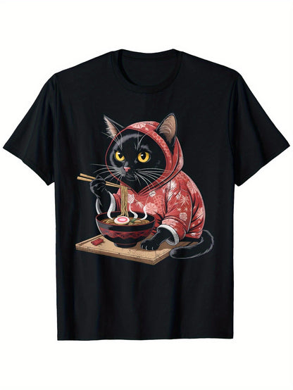 Men's Graphic T-Shirt Traditional Red Hoodie Cat Slurping Japanese Ramen Bowl Noodles