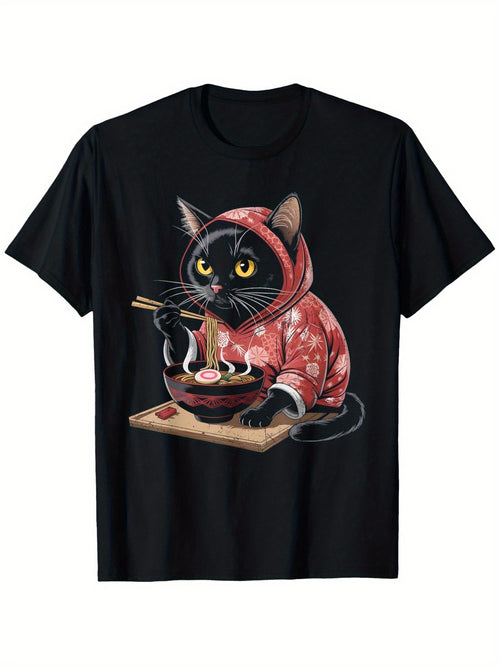 Men's Graphic T-Shirt Traditional Red Hoodie Cat Slurping Japanese Ramen Bowl Noodles