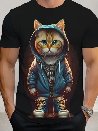 Men's Graphic T-Shirt Stylish Blue Hoodie Cat Wearing Sneakers Illustration Cat