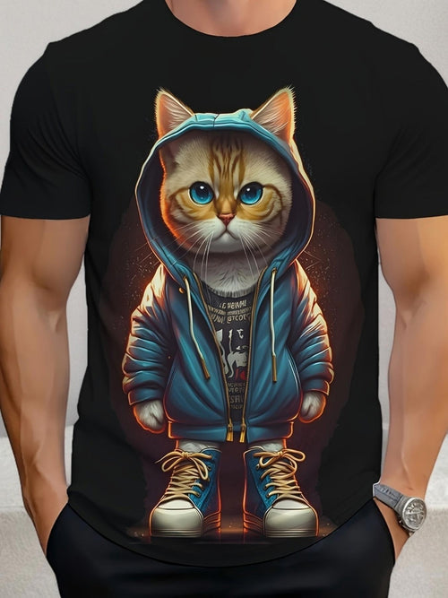 Men's Graphic T-Shirt Stylish Blue Hoodie Cat Wearing Sneakers Illustration Cat