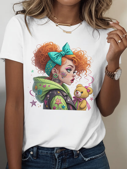 Women's Graphic T-Shirt Colorful Girl With Green Hoodie And Teddy Bear Surrounded By Stars