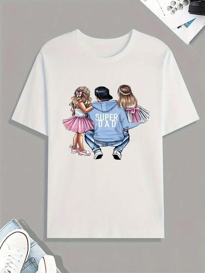 Men's Graphic T-Shirt Super Dad Father Crouching In Blue Hoodie With Daughters Wearing Pink Tutu Skirts Illustration