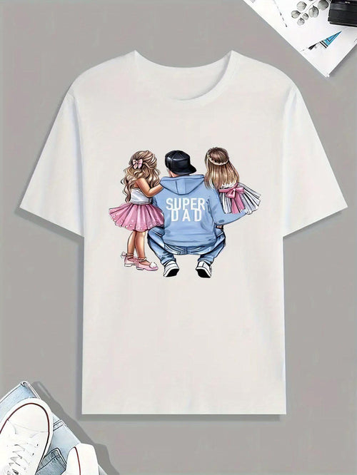 Men's Graphic T-Shirt Super Dad Father Crouching In Blue Hoodie With Daughters Wearing Pink Tutu Skirts Illustration