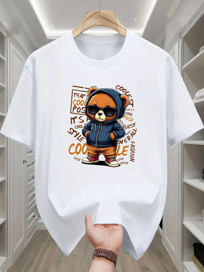 Men's Graphic T-Shirt Stylish Bear Wearing Sunglasses Hoodie Among Fun Graffiti Style Words Bear