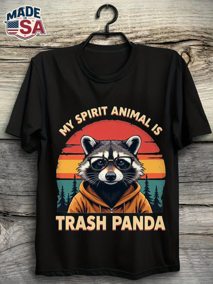 Men's Graphic T-Shirt My Spirit Animal Is Trash Panda Cool Wearing Orange Hoodie And Glasses With Retro Forest Sunset Background Raccoon