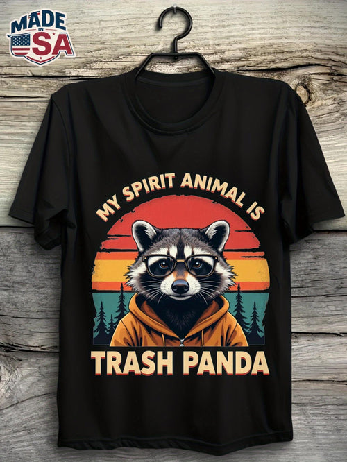 Men's Graphic T-Shirt My Spirit Animal Is Trash Panda Cool Wearing Orange Hoodie And Glasses With Retro Forest Sunset Background Raccoon