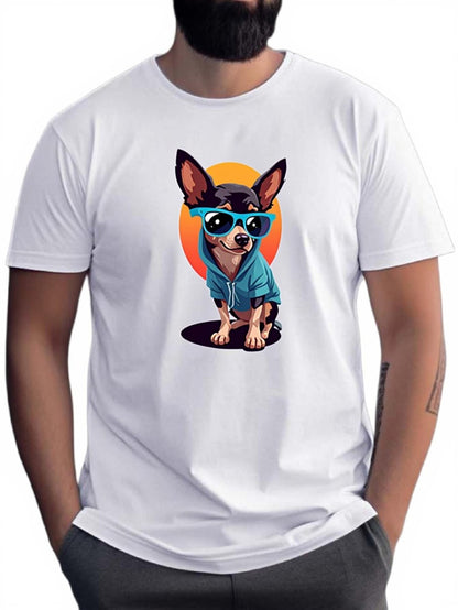 Men's Graphic T-Shirt Trendy Cartoon Dog Wearing Blue Hoodie And Shades Before Sunset Chihuahua