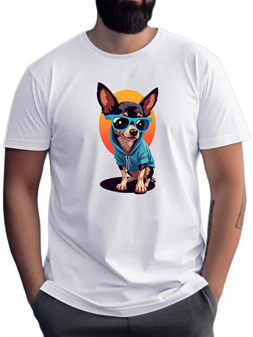 Men's Graphic T-Shirt Trendy Cartoon Dog Wearing Blue Hoodie And Shades Before Sunset Chihuahua