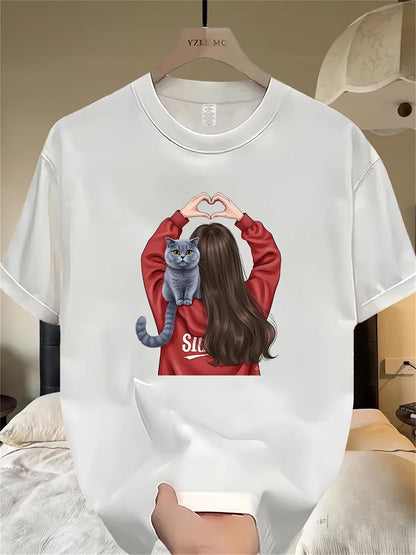 Men's Graphic T-Shirt Long Haired Figure In Red Hoodie Carrying Grey Cat Making Heart Gesture Girl