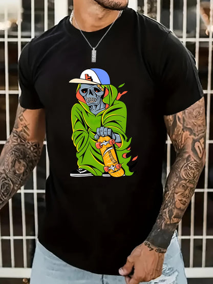 Men's Graphic T-Shirt Cool Streetwear Character Wearing Vibrant Green Hoodie With Yellow Skateboard Skeleton