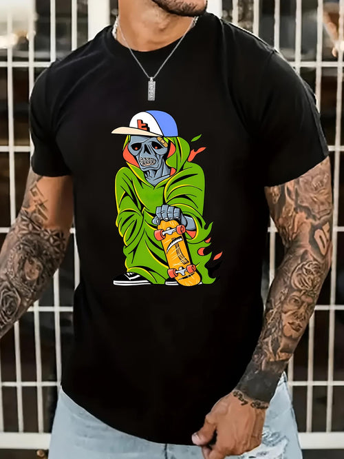 Men's Graphic T-Shirt Cool Streetwear Character Wearing Vibrant Green Hoodie With Yellow Skateboard Skeleton