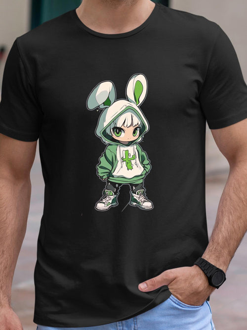 Men's Graphic T-Shirt Chibi Anime Character Wearing Green Bunny Ear Hoodie Standing Boldly Girl