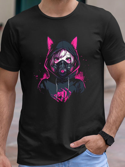 Men's Graphic T-Shirt Cyberpunk Anime Character Wearing Dark Hoodie With Glowing Pink Accents Girl