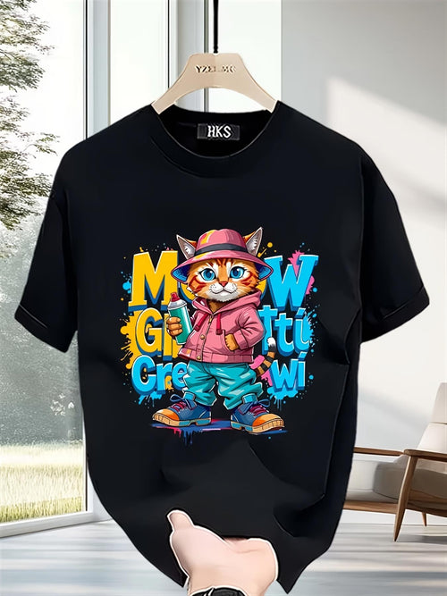 Men's Graphic T-Shirt Meow Graffiti Crew Vibrant Hip Hop Kitten Wearing Pink Hoodie In Colorful Urban Background Cat