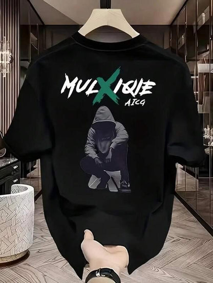Men's Graphic T-Shirt Mulxique Aicq Urban Streetwear Figure Wearing Hoodie Crouching In Darkness Character