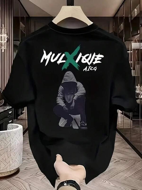 Men's Graphic T-Shirt Mulxique Aicq Urban Streetwear Figure Wearing Hoodie Crouching In Darkness Character
