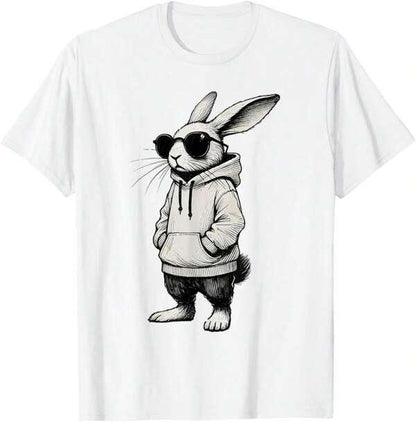Men's Graphic T-Shirt Cool Urban Bunny Wearing Dark Sunglasses And A Casual Streetwear Hoodie Rabbit
