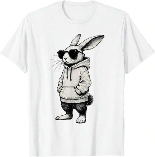 Men's Graphic T-Shirt Cool Urban Bunny Wearing Dark Sunglasses And A Casual Streetwear Hoodie Rabbit