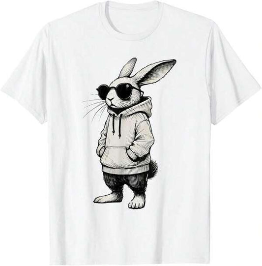 Men's Graphic T-Shirt Cool Urban Bunny Wearing Dark Sunglasses And A Casual Streetwear Hoodie Rabbit