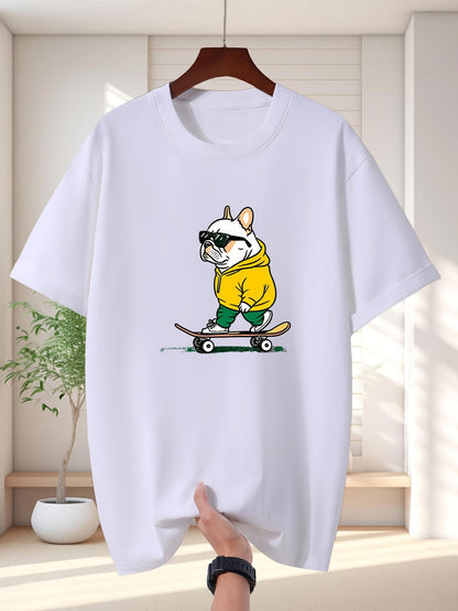 Men's Graphic T-Shirt Cool French Bulldog Wearing Yellow Hoodie And Sunglasses Riding Skateboard Dog
