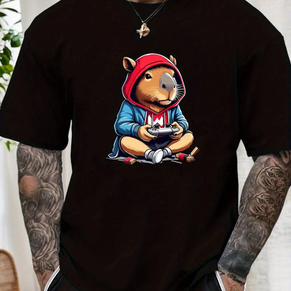 Men's Graphic T-Shirt Cute Gaming Animal Wearing Red Hoodie And Blue Jacket Playing With Controller Capybara