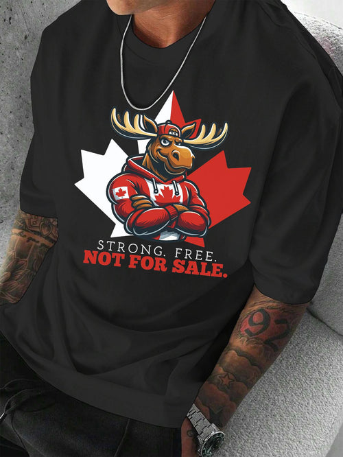 Men's Graphic T-Shirt Strong Free Not For Sale Muscular Cartoon Character Wearing Red Hoodie Before Large Maple Leaf Moose