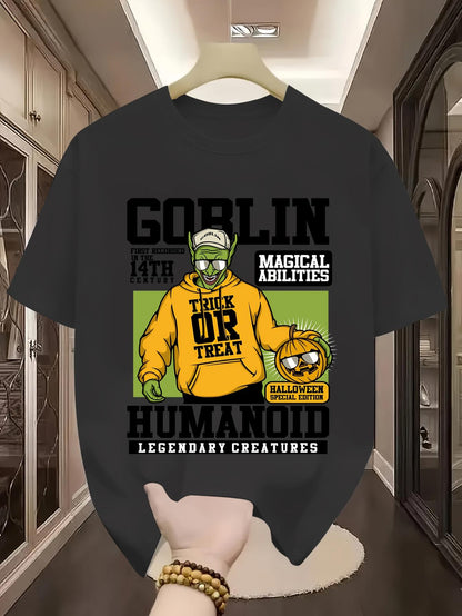 Men's Graphic T-Shirt Goblin Magical Abilities Trick Or Treat Humanoid Legendary Creatures Halloween Special Edition Streetwear Style Green Monster Wearing Yellow Hoodie Holding Carved Pumpkin Goblin