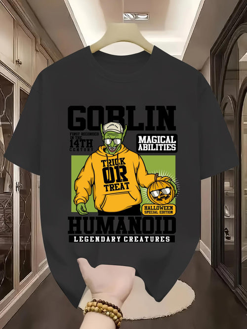 Men's Graphic T-Shirt Goblin Magical Abilities Trick Or Treat Humanoid Legendary Creatures Halloween Special Edition Streetwear Style Green Monster Wearing Yellow Hoodie Holding Carved Pumpkin Goblin