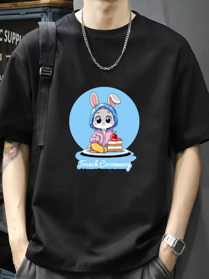 Men's Graphic T-Shirt French Ceremony Adorable Cartoon Rabbit Wearing Hoodie Eating Delicious Cake Inside Blue Circle Rabbit