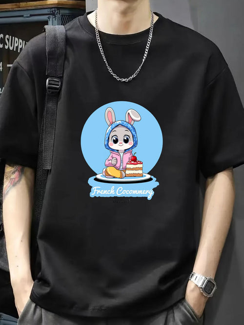 Men's Graphic T-Shirt French Ceremony Adorable Cartoon Rabbit Wearing Hoodie Eating Delicious Cake Inside Blue Circle Rabbit