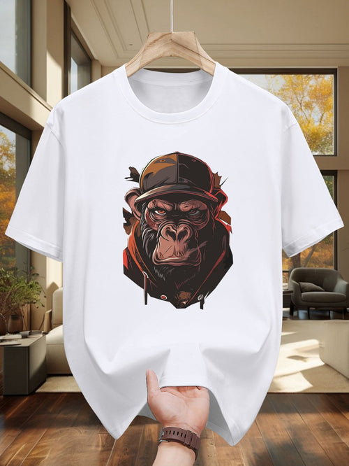Men's Graphic T-Shirt Streetwear Style Fierce Gorilla Wearing Brown Cap And Dark Hoodie Ape