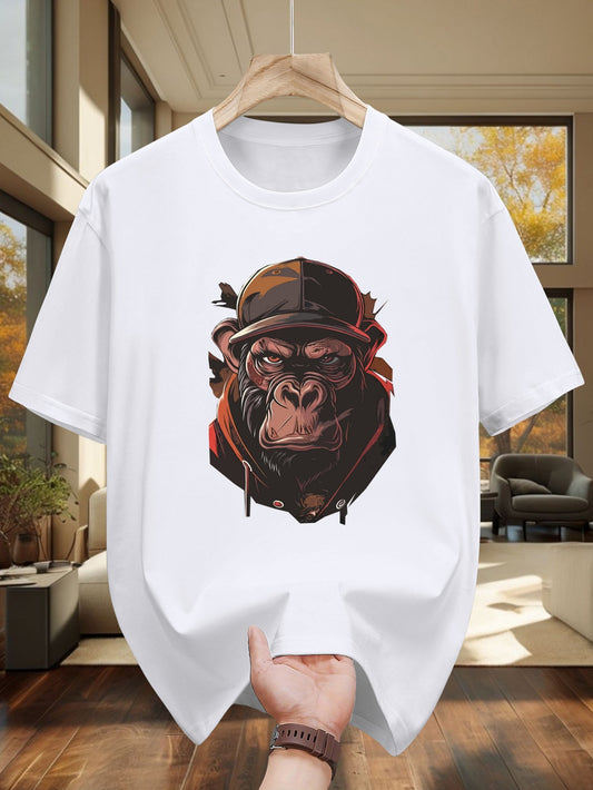 Men's Graphic T-Shirt Streetwear Style Fierce Gorilla Wearing Brown Cap And Dark Hoodie Ape