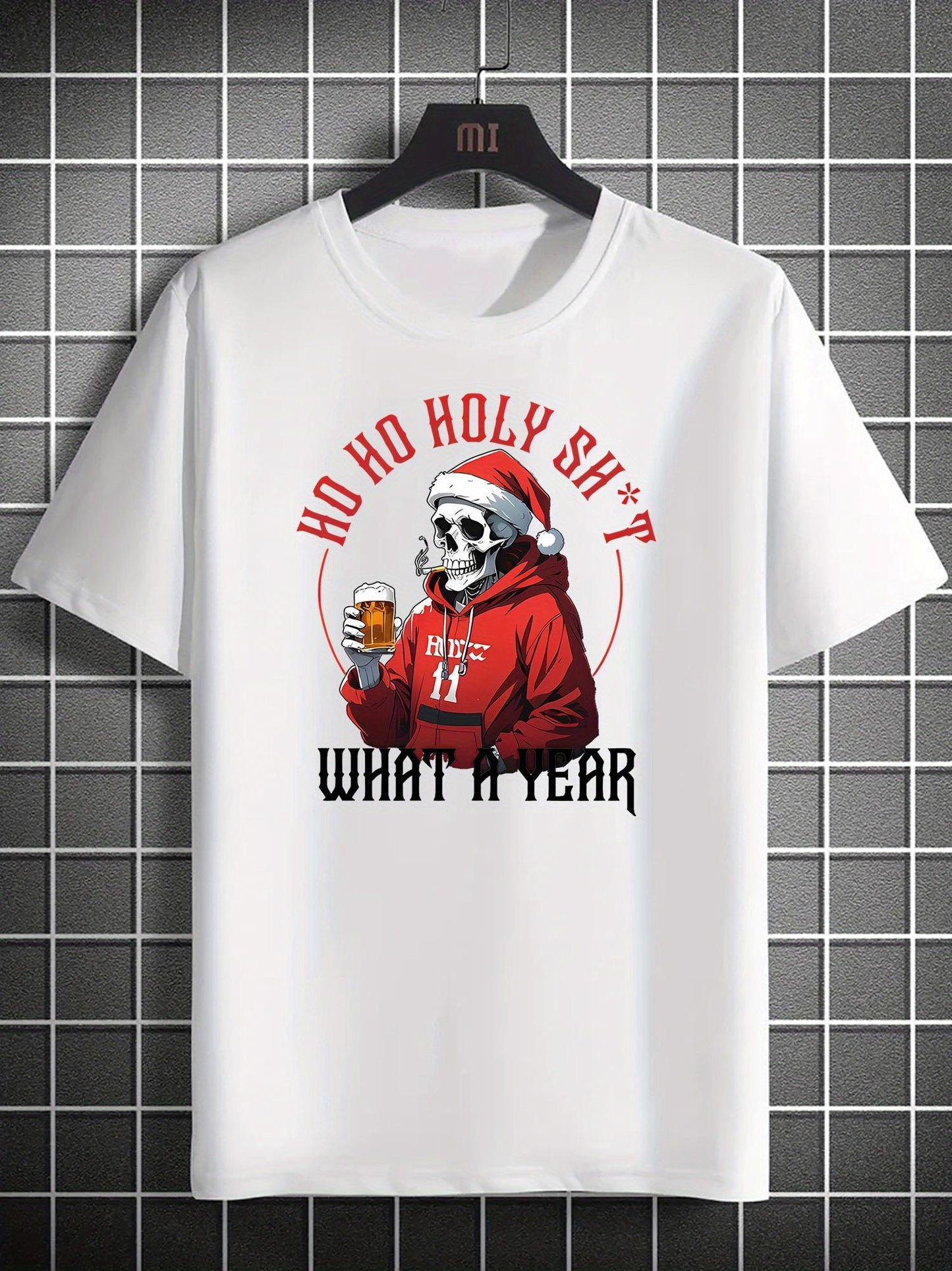 Men's Graphic T-Shirt Ho Ho Holy Shit What A Year Wearing Red Hoodie And Santa Hat Holding A Cold Beer Mug Skeleton